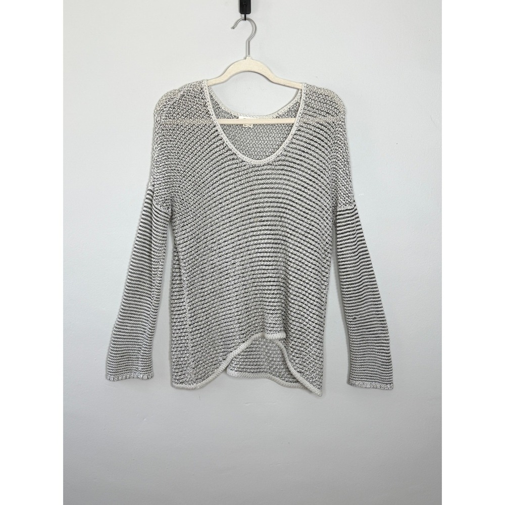 Helmut Lang Sweater Women Large Gray White Striped Open Knit V-Neck Swim Coverup